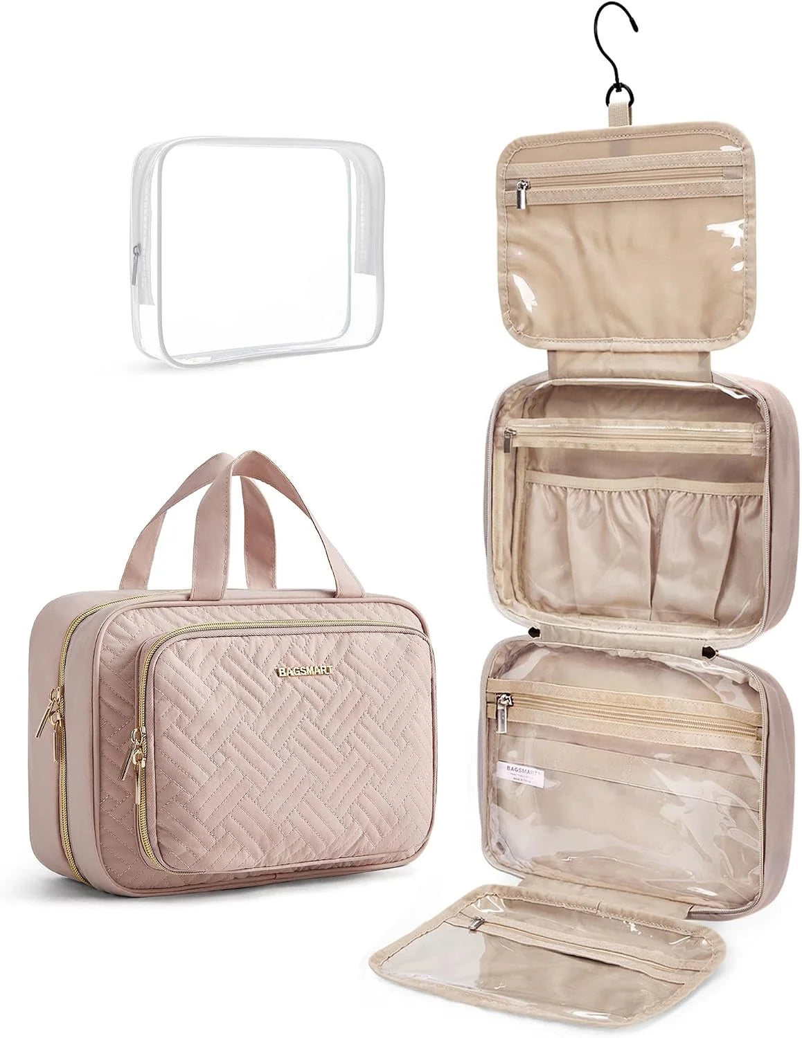 BAGSMART Toiletry Bag Hanging Travel Makeup Organizer with TSA Approved Transparent Cosmetic Bag Makeup Bag for Full Sized Toiletries, Large-Pink