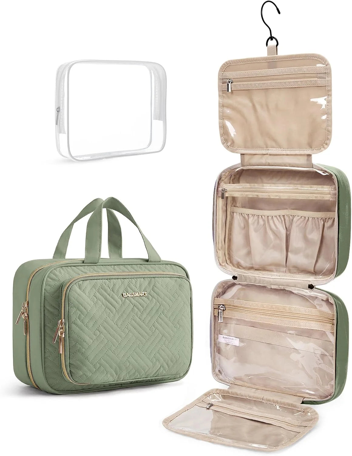 BAGSMART Toiletry Bag Hanging Travel Makeup Organizer with TSA Approved Transparent Cosmetic Bag Makeup Bag for Full Sized Toiletries, Large-Green