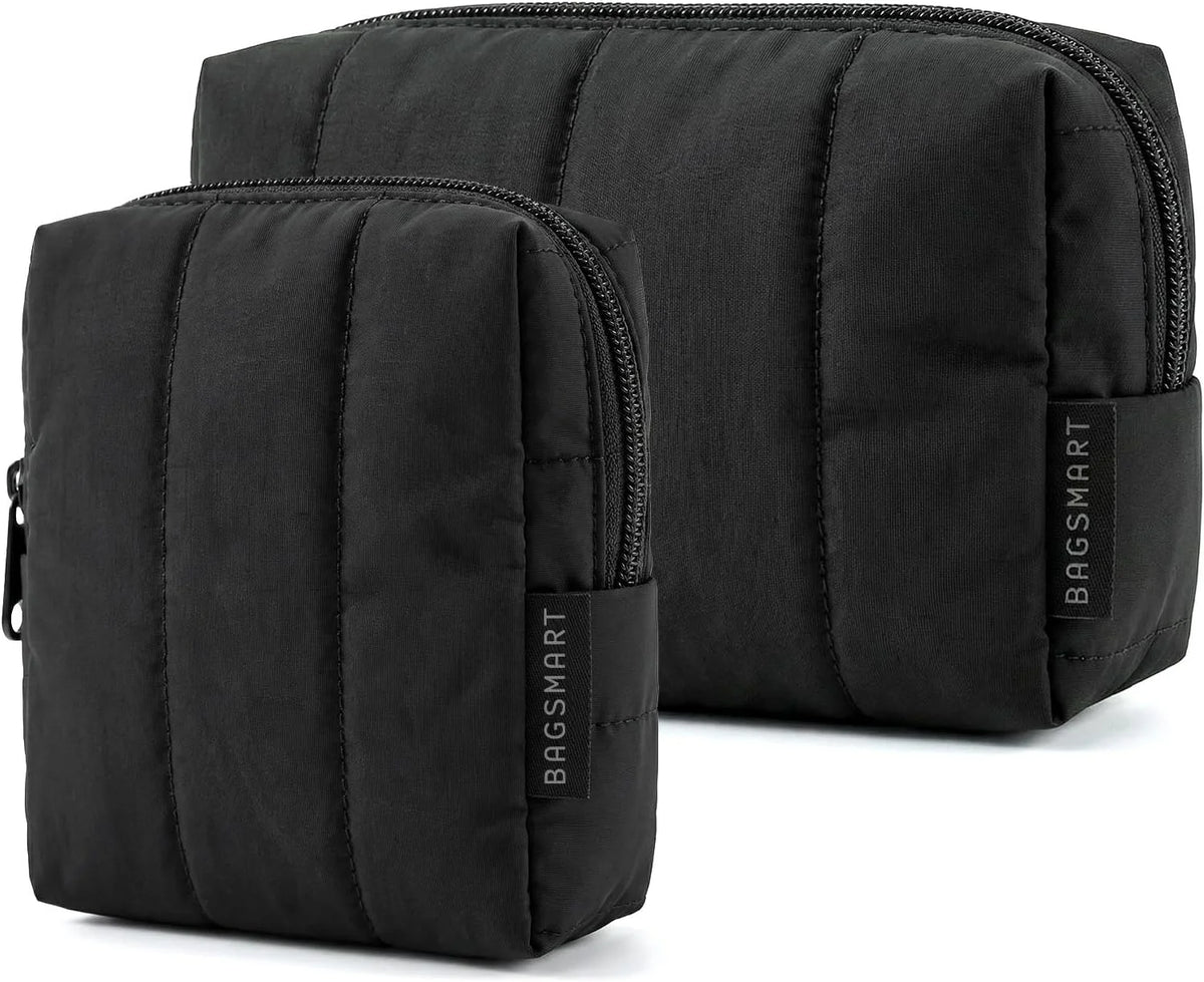 BAGSMART Puffy Padded Travel Makeup Bag Duo Large & Small for Women, Black