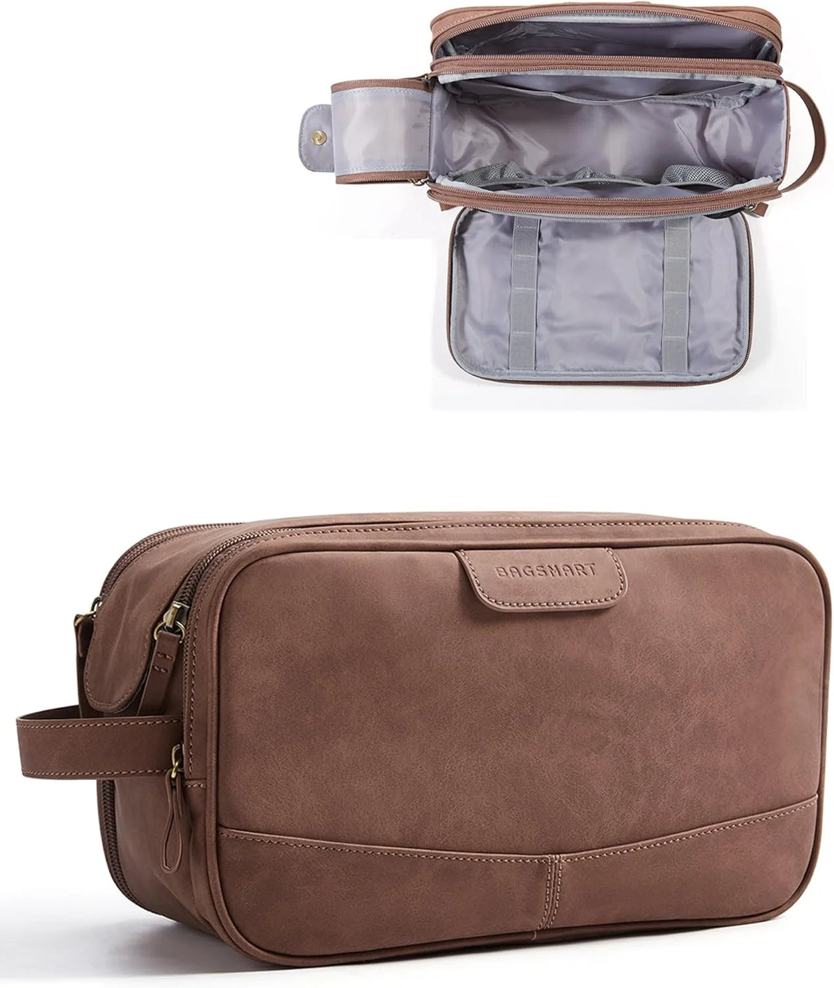 BAGSMART Large Toiletry Bag for Men, PU Leather Water Resistant, Brown
