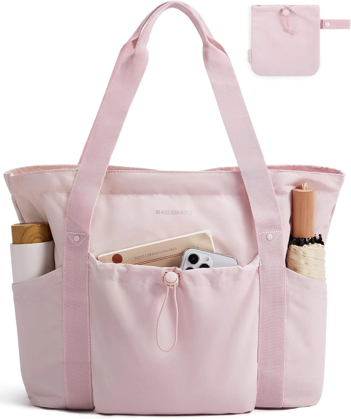BAGSMART Foldable Tote Bag with Drawstring Bag, Tote Bag Shoulder Bag Top Handle Handbag for Travel, Work, Beach, Gym