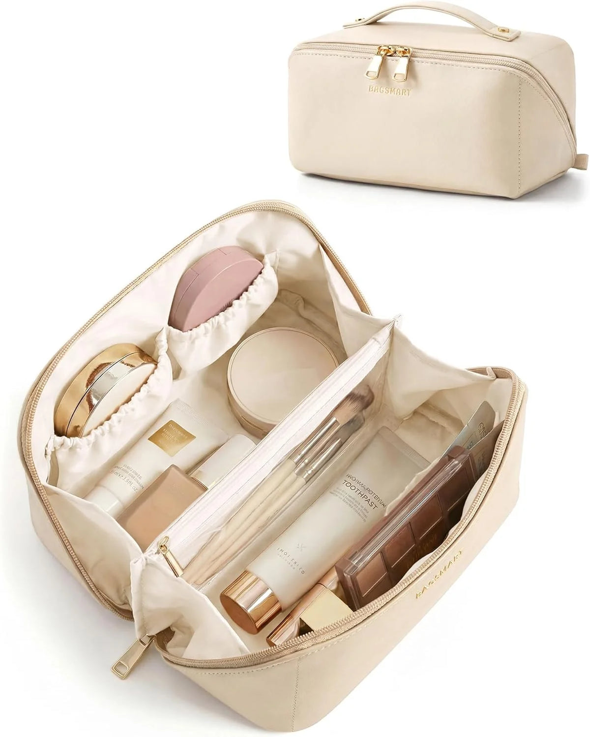 BAGSMART Makeup Bag Travel Cosmetic Bag,Women Toiletry Case, Cream Beige