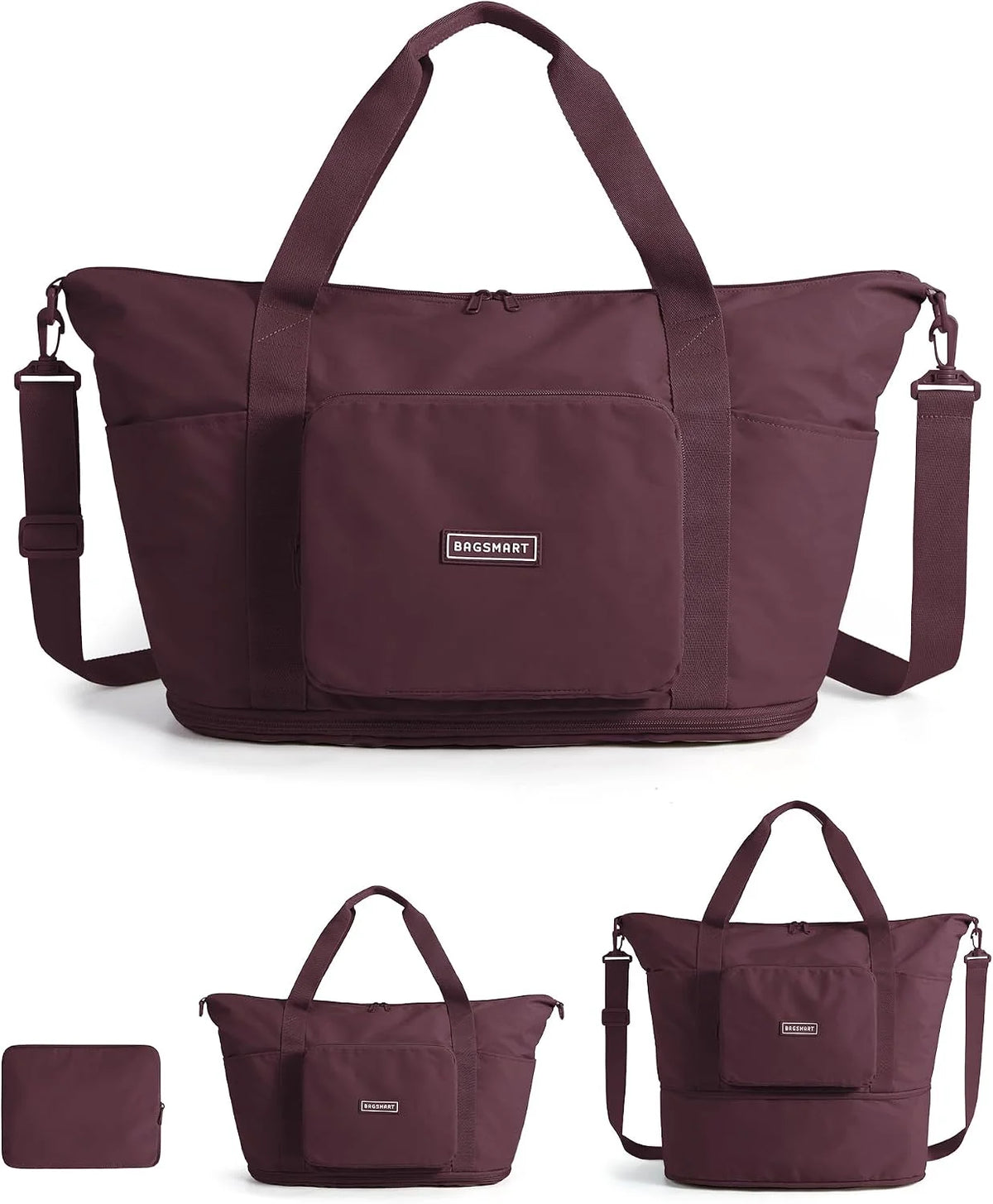 BAGSMART Foldable Travel Bag, 37L Expandable Personal Item Bag, Cherry Red