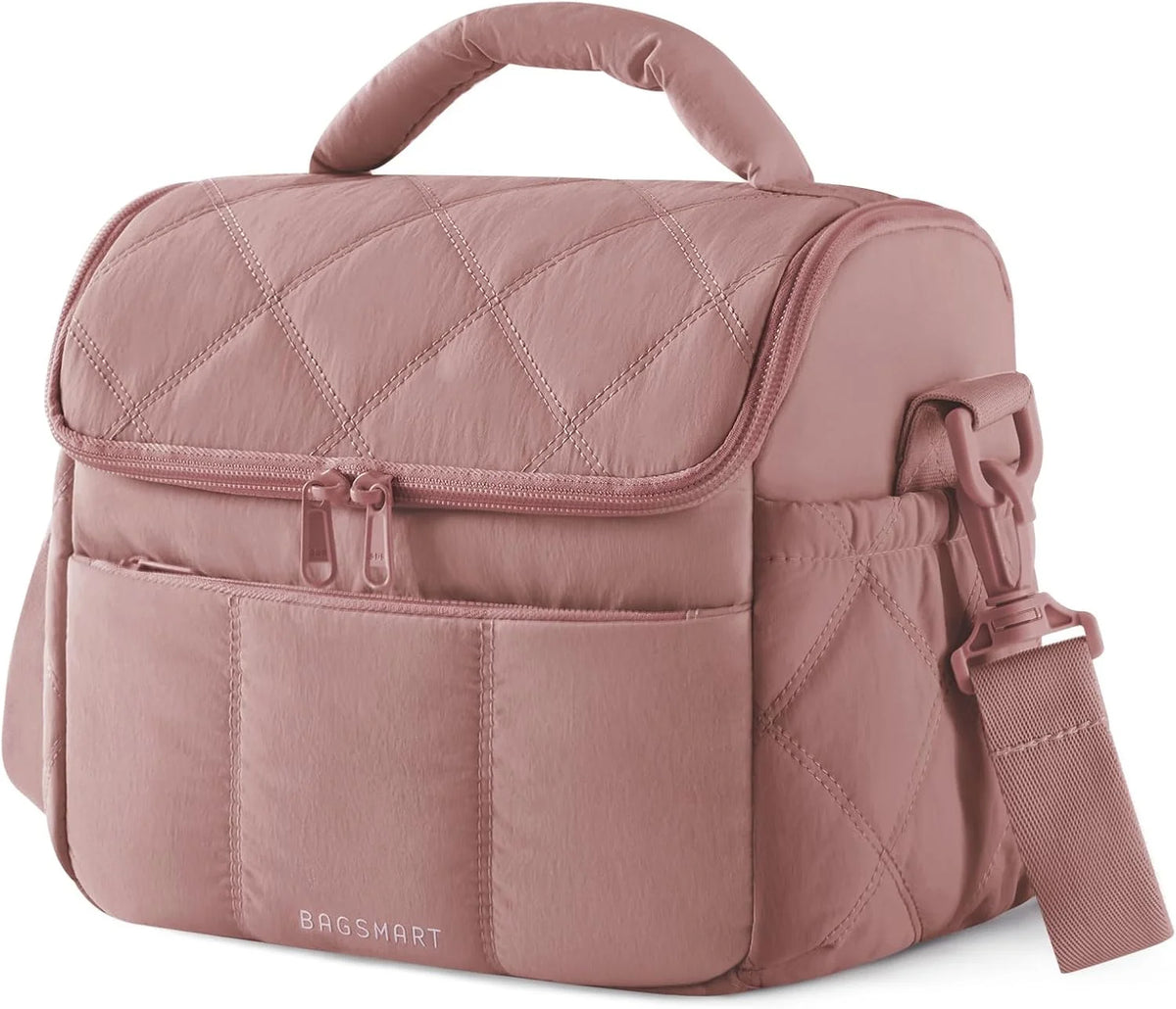 BAGSMART Insulated Lunch Bags for Women, Cute Quilted Lunch Box, Dark Pink