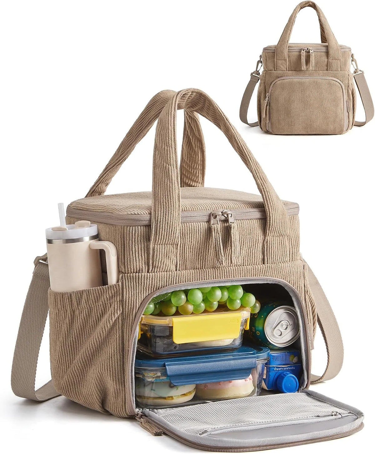 BAGSMART Corduroy Large Lunch Bag Women 14L Double Deck Insulated Lunch Box