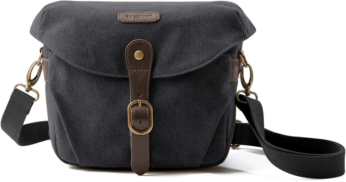 BAGSMART Canvas Crossbody Camera Bag with Rain Cover for Women Men, Black