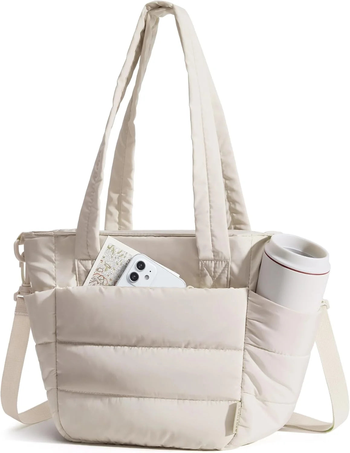 BAGSMART Lunch Bag Women Small Insulated Tote with Lunch Compartment Quilted Lightweight Puffy Tote Bag for Work, Travel, Outdoor, Beige