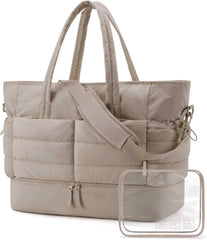 BAGSMART Large Travel Duffel Bag with Shoe Compartment, Puffer Carry-On Gym Weekender Bag for Women, Camel