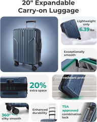 BAGSMART Carry On Luggage 22x14x9 Airline Approved, Expandable Suitcase with Wheels,Dark Blue