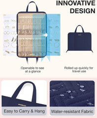BAGSMART Travel Jewelry Organizer Case Portable Jewelry Roll Bag Tangle-free Necklace Storage Foldable Transparent Pockets for Earrings Rings Bracelet Travel Essentials Dark Blue Large