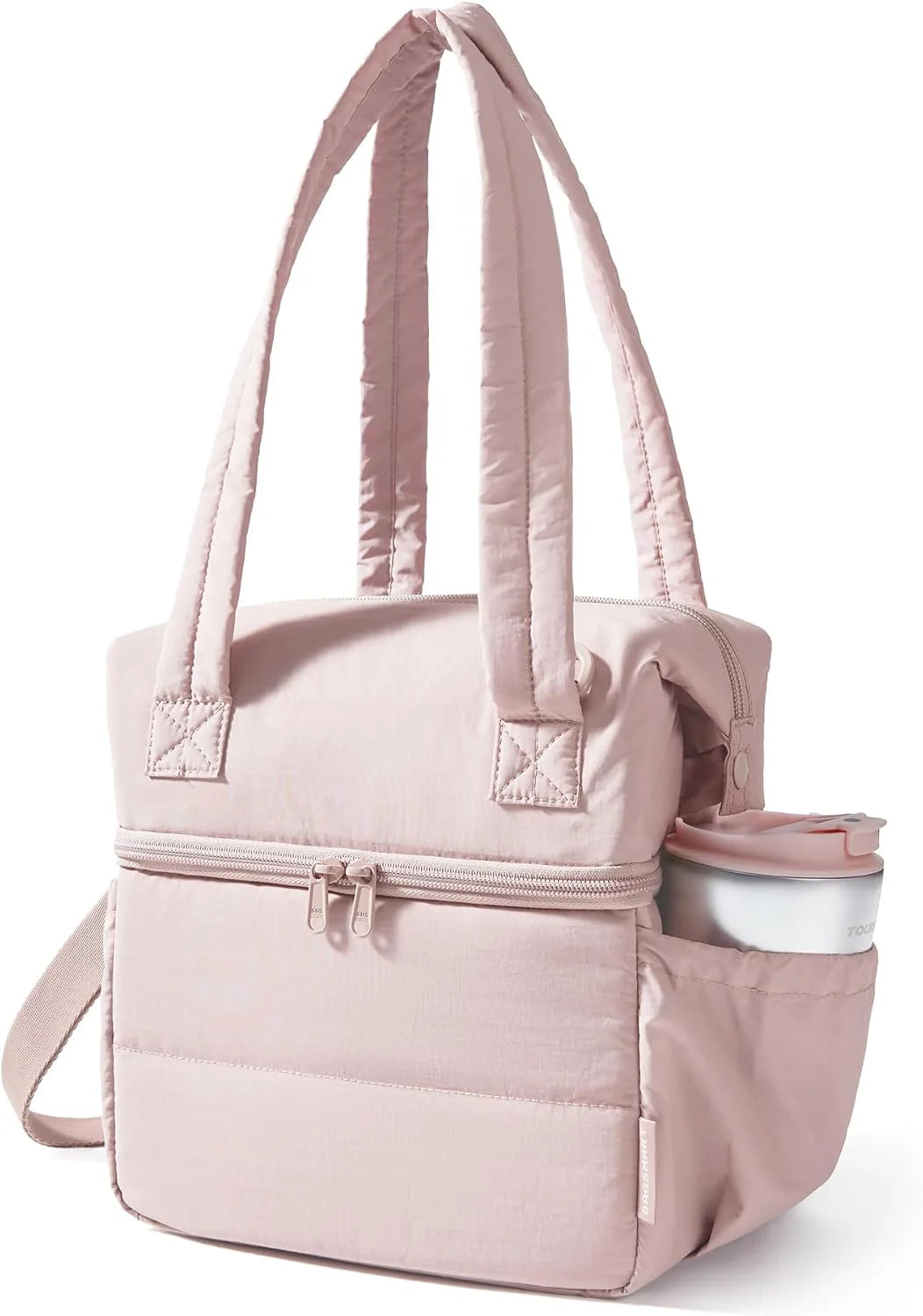BAGSMART Double Deck Lunch Bag Women, Insulated Reusable Lunch Box, Quilted Puffer Lunch Tote with Shoulder Strap, Durable Large Lunch Cooler For Work Picnic Travel Meal Prep Flight, Pink
