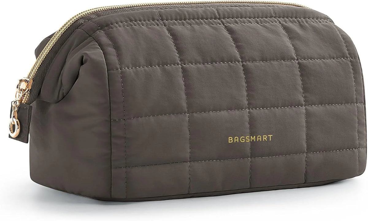 BAGSMART Puffy Padded Travel Makeup Bag, Wide-open Toiletry Bag, Dark Olive