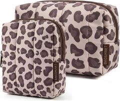 BAGSMART Puffy Travel Makeup Bag Duo Large & Small for Women, Leopard