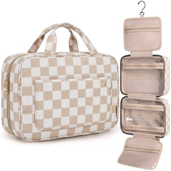 BAGSMART Toiletry Bag Travel Bag with Hanging Hook, Checkered Makeup Cosmetic Bag Travel Organizer for Accessories, Shampoo, Full-size Container, Toiletries (Khaki Checkerboard, Medium)