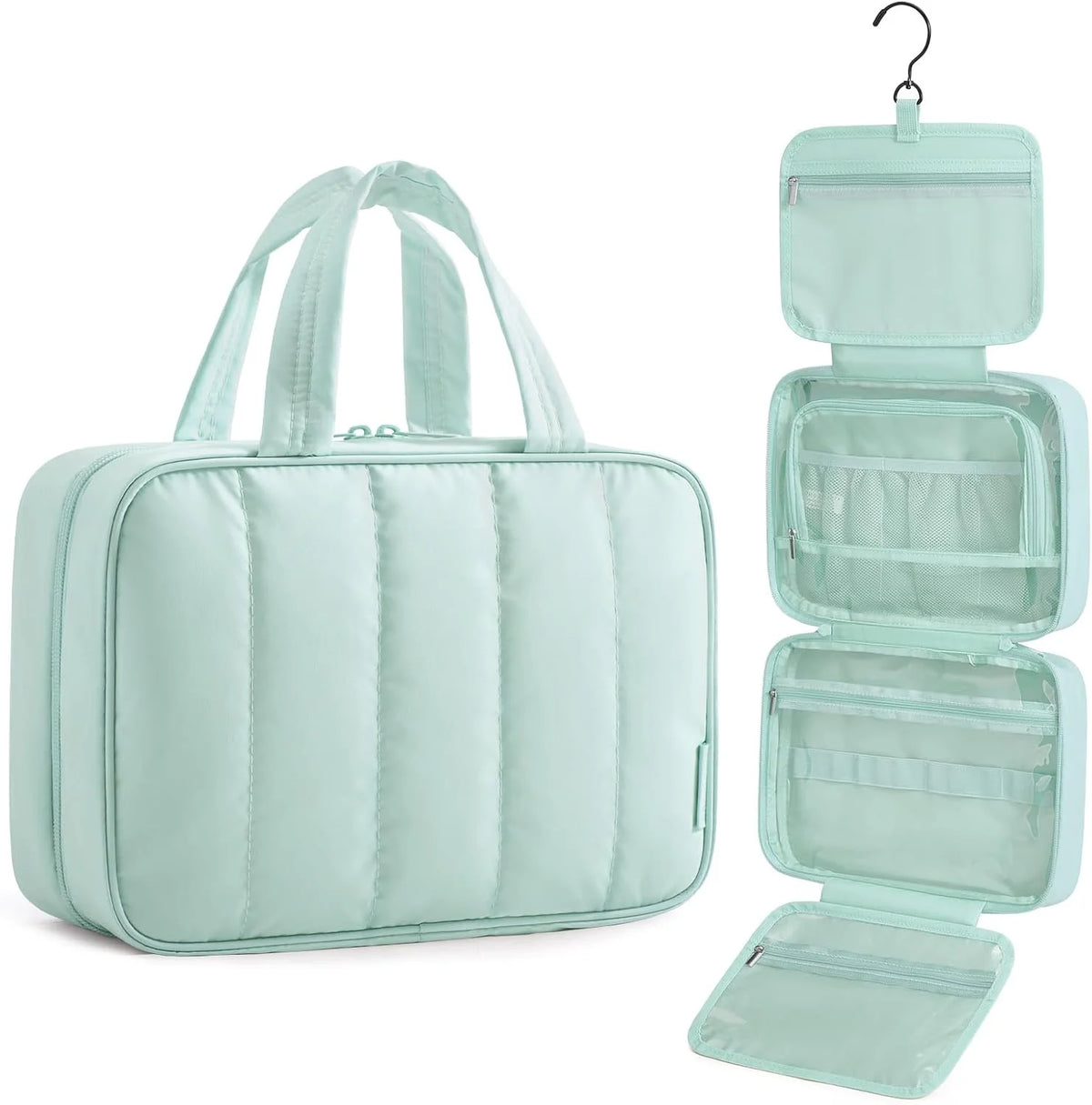 BAGSMART Travel Toiletry Bag for women, Portable Hanging Hook Makeup Bag Organizer, Waterproof Makeup Cosmetic Bag, for Full-Size Accessories, Toiletries,Baby Blue