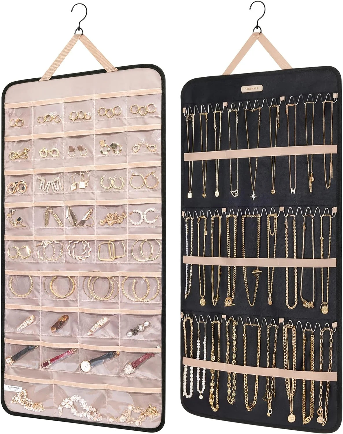 BAGSMART Hanging Jewelry Organizer Necklace/Earring/Ring 2-Sided XL Black