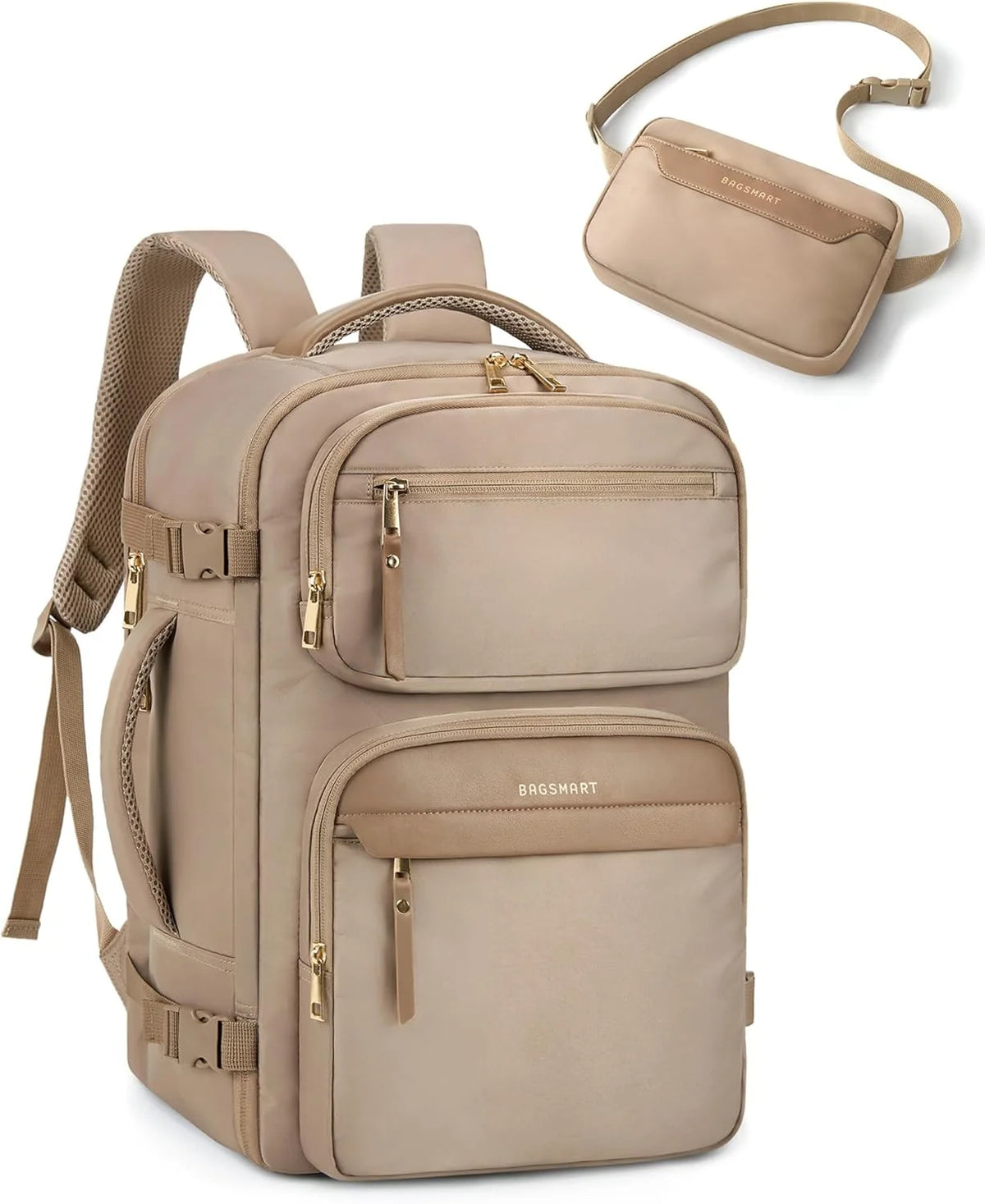 BAGSMART Womens Backpack Carry On Flight Approved, Travel Backpack for Women with Waist Bag,Traveling Lightweight Weekender Casual Daypack 17.3" Laptop Work Back pack Personal Item Bag,Champagne