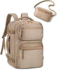 BAGSMART Womens Backpack Carry On Flight Approved, Travel Backpack for Women with Waist Bag,Traveling Lightweight Weekender Casual Daypack 17.3" Laptop Work Back pack Personal Item Bag,Champagne