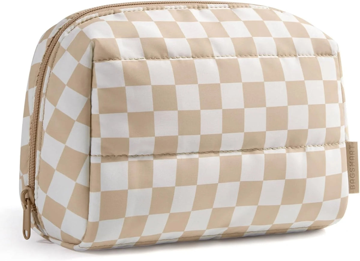 BAGSMART Makeup Bag Travel Bag, Wide-open Zipper Pouch, Khaki Checkered