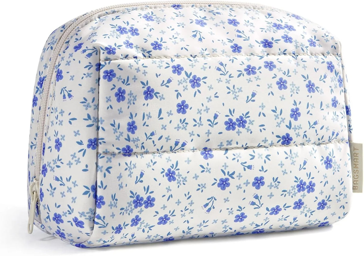 BAGSMART Small Makeup Bag, Floral Wide Open Quilted Cosmetic Pouch