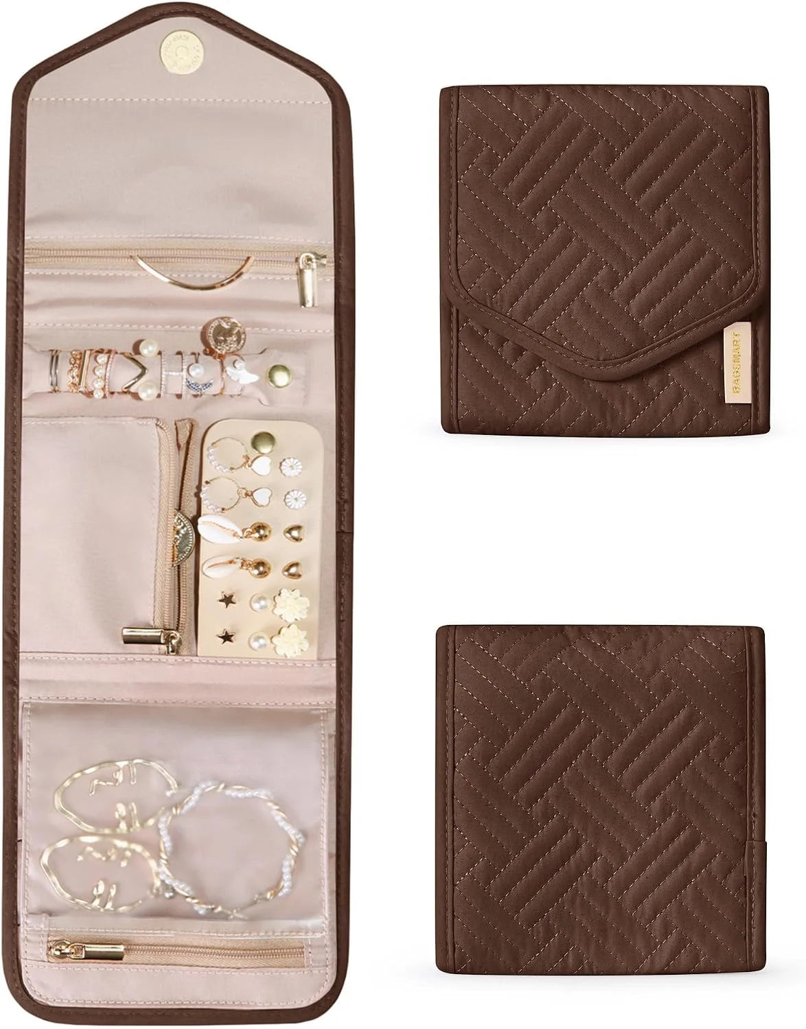 BAGSMART Travel Jewelry Organizer Case Foldable Jewelry Roll, Coffee Brown