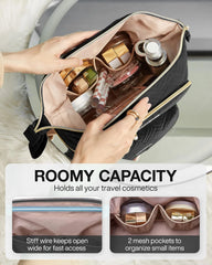 BAGSMART Travel Makeup Bag, Cosmetic Bag Make Up Organizer Case, Large Wide-open Pouch for Women Double Layers Purse for Toiletries Accessories Brushes Black