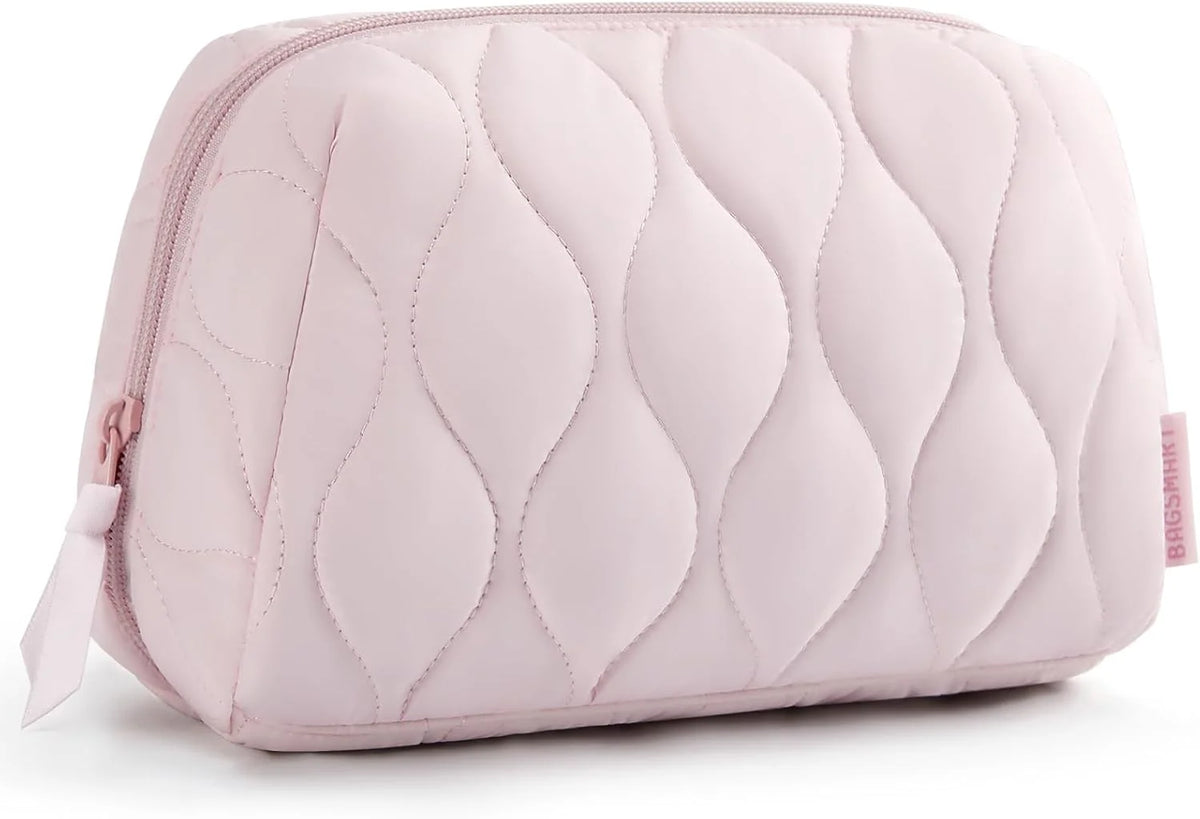 BAGSMART Makeup Bag, Travel Cosmetic Bag, Puffy Padded Make up Bag for Women, Makeup Organizer Case, Wide-open Pouch Purse, Travel Essentials, Toiletries Accessories Brushes, Pink