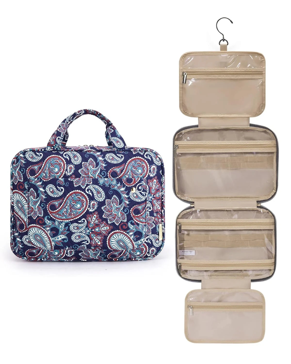 BAGSMART Toiletry Bag Travel Bag with Hanging Hook, Water-resistant Makeup Cosmetic Bag Travel Organizer for Accessories, Shampoo, Full-size Container, Toiletries (Red Paisley, Large)