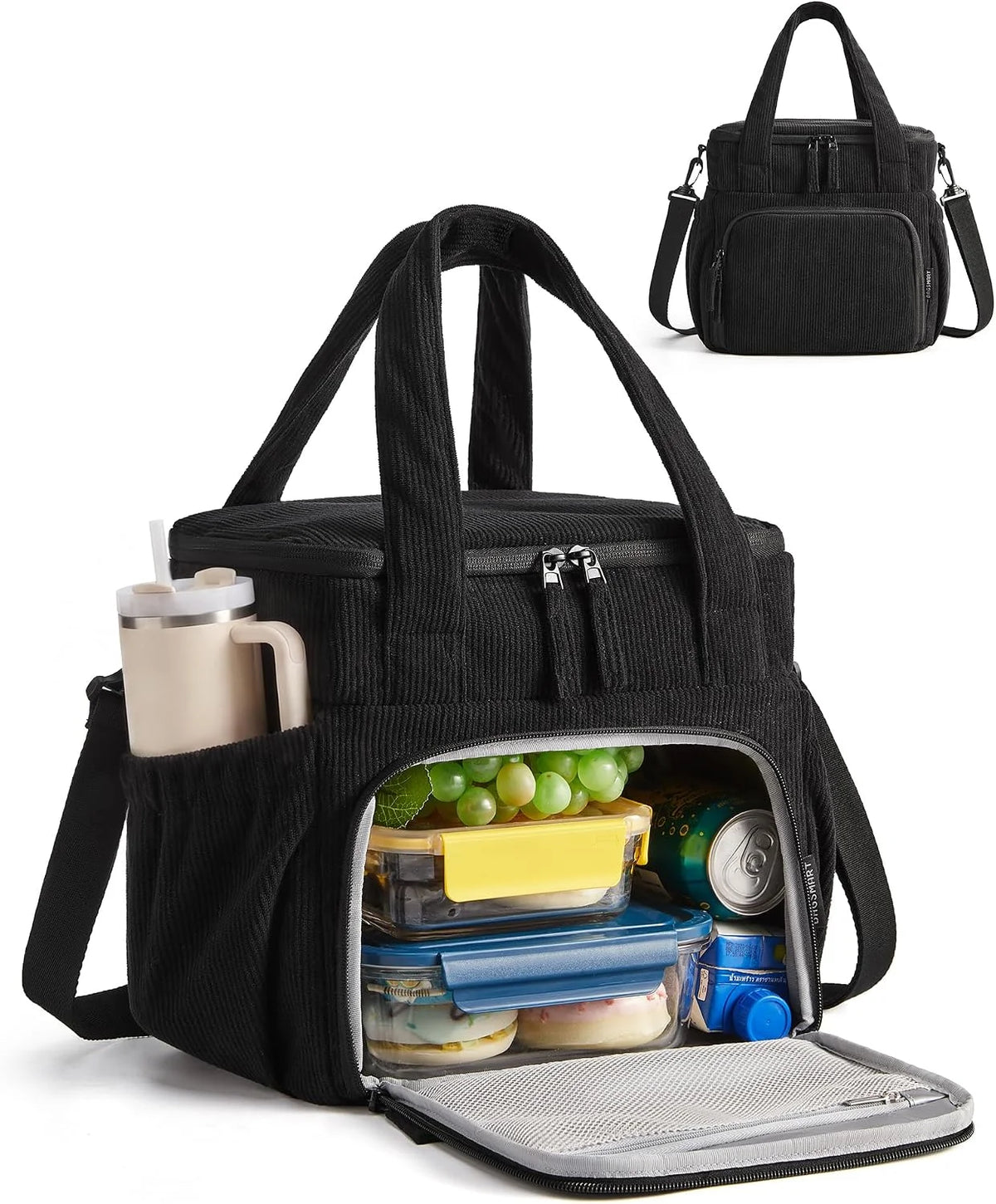 BAGSMART Corduroy Large Lunch Bag Women 14L Double Deck Insulated Lunch Box