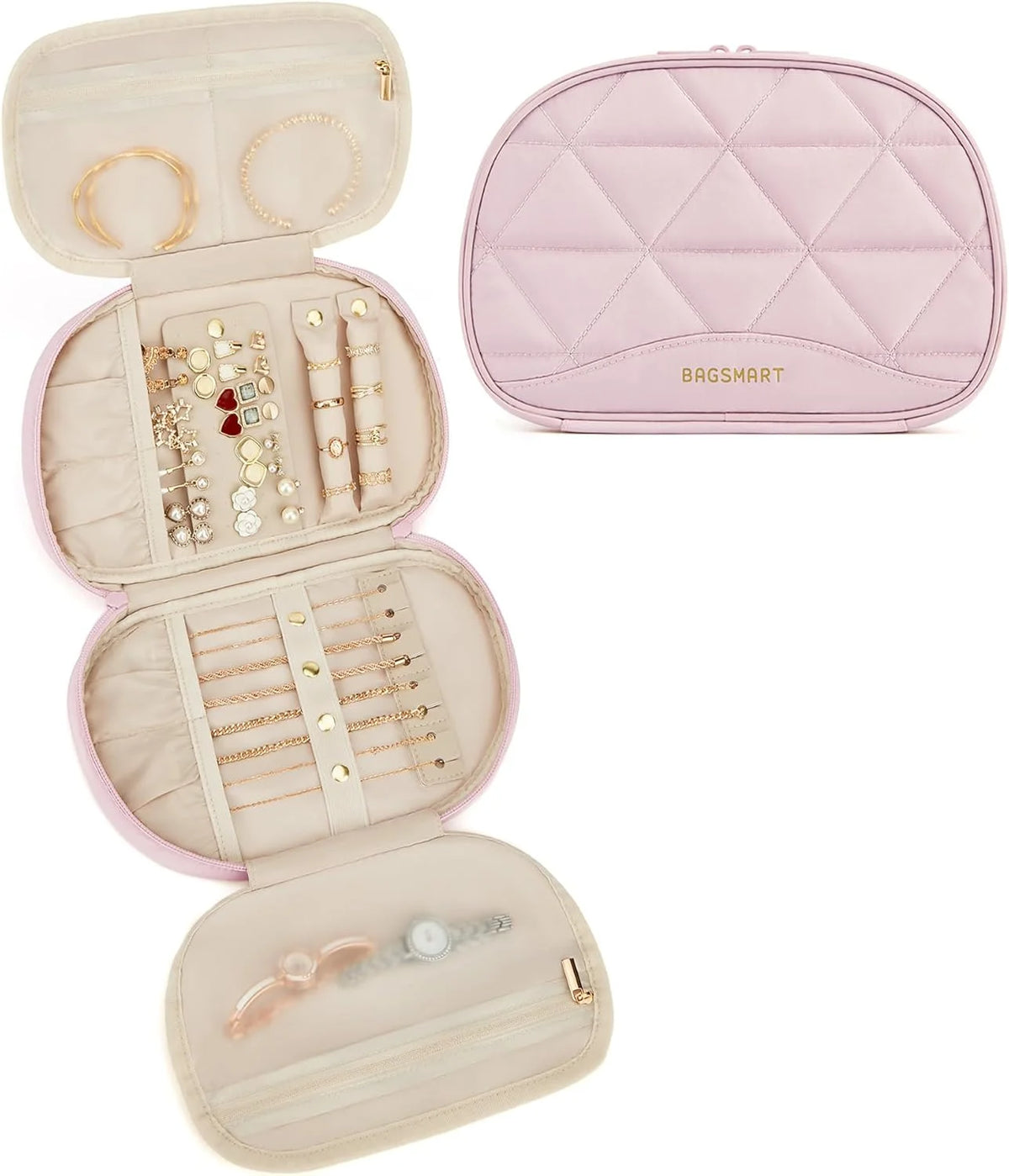 BAGSMART Travel Jewelry Case Jewelry Organizer Storage Roll Rings Necklaces Earrings Bracelets Brooches Watch Large Portable Light Pink