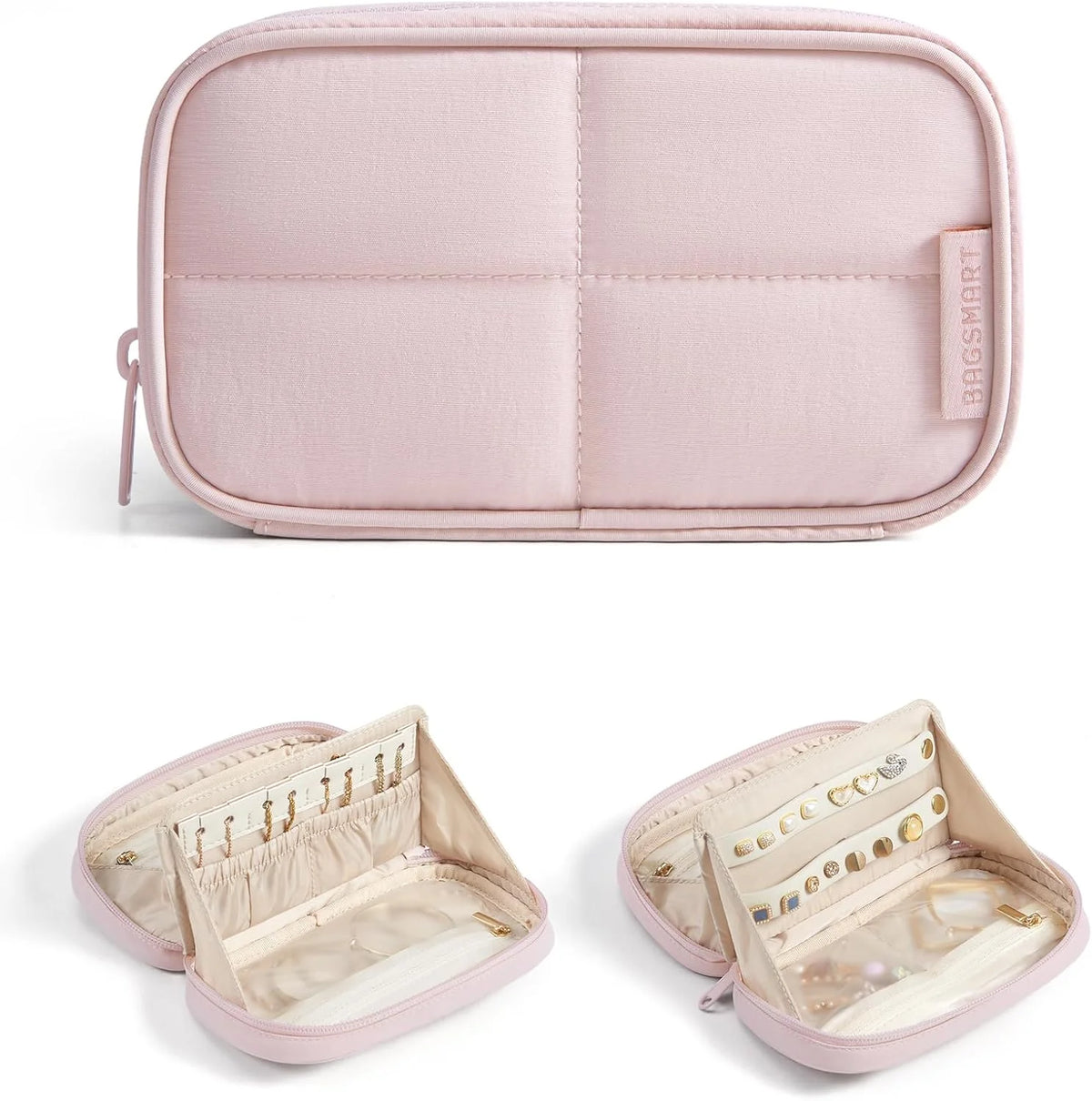 BAGSMART Travel Jewelry Case 180° Flat Open Dual-Compartment, Sakura Pink