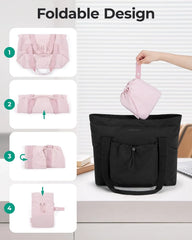 BAGSMART Foldable Tote Bag with Drawstring Bag, Tote Bag Shoulder Bag Top Handle Handbag for Travel, Work, Beach, Gym
