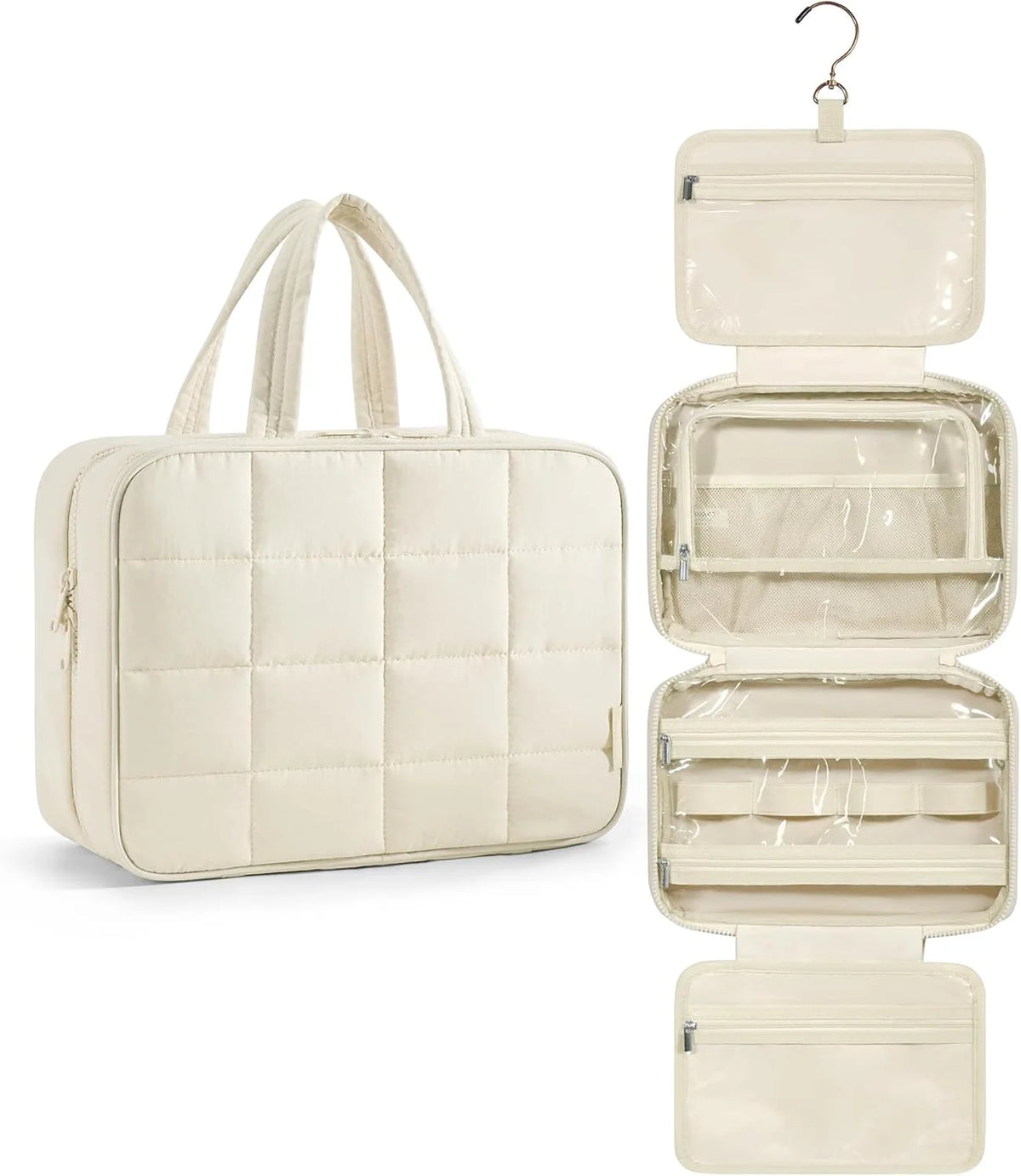 BAGSMART Travel Toiletry Bag with Jewelry Organizer, Hanging Travel Bag for Toiletries, Puffy Makeup Cosmetic Bag Organizer, Carry-on Travel Accessories Essentials, Beige-M