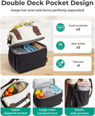 BAGSMART Double Deck Lunch Bag Women, Insulated Reusable Lunch Box, Quilted Puffer Lunch Tote with Shoulder Strap, Durable Large Lunch Cooler For Work Picnic Travel Meal Prep Flight, Beige + Black