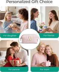 BAGSMART Birthday Gifts Personalized Initial Makeup Bag, Trendy Stuff Gifts for Women Bridesmaid Graduation, Puffy Padded Make Up Bags for Women, Wide-open Toiletry Bag, Pink A