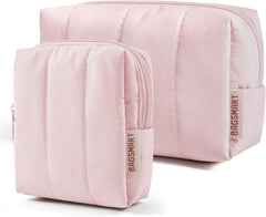 BAGSMART Puffy Travel Makeup Bag Duo Large & Small for Women, Baby Pink