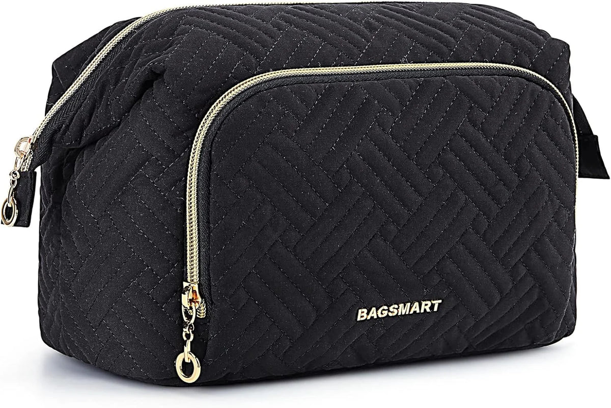 BAGSMART Travel Makeup Bag, Cosmetic Bag Make Up Organizer Case,Large Wide-open Pouch for Women Purse for Toiletries Accessories Brushes Black