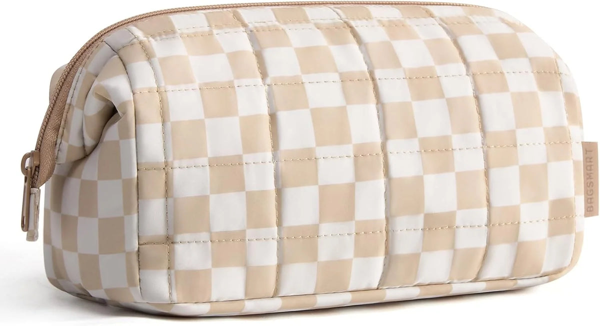BAGSMART Makeup Bag Travel Toiletry Bag, Zipper Pouch, Checkered Khaki