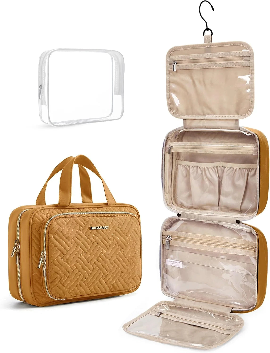 BAGSMART Toiletry Bag Hanging Travel Makeup Organizer with TSA Approved Transparent Cosmetic Bag Makeup Bag for Full Sized Toiletries(Stone Khaki)