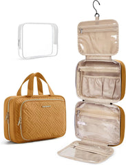 BAGSMART Toiletry Bag Hanging Travel Makeup Organizer with TSA Approved Transparent Cosmetic Bag Makeup Bag for Full Sized Toiletries(Stone Khaki)