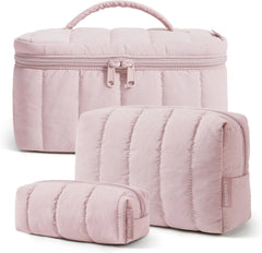 BAGSMART Travel Makeup Bag Set, 3 Pc Puffy Cosmetic Pouch, Pink