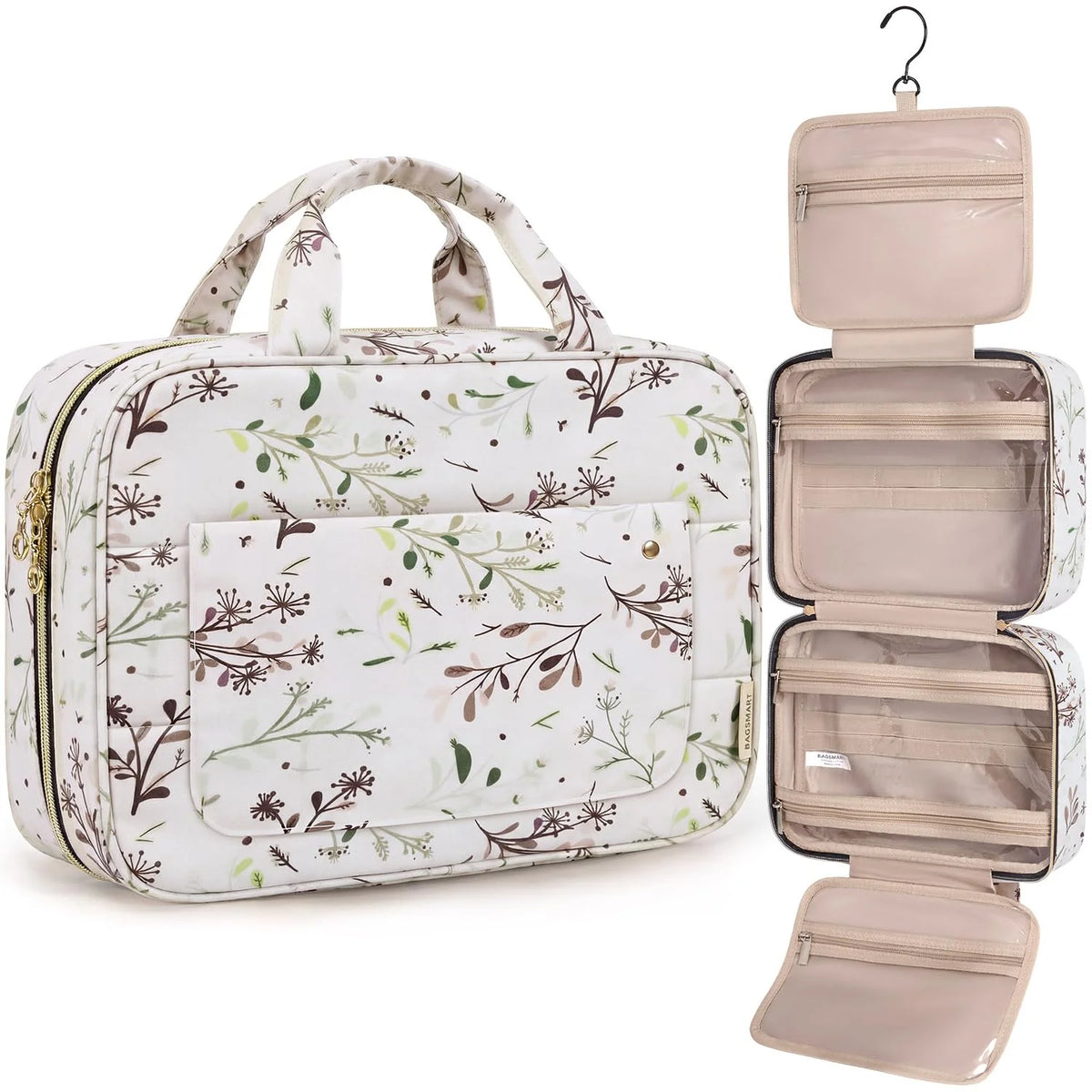 BAGSMART Toiletry Bag Travel Bag with Hanging Hook, Water-resistant Makeup Cosmetic Bag Travel Organizer for Accessories, Shampoo, Full-size Container, Toiletries (Beige Ditsy Floral, Large)
