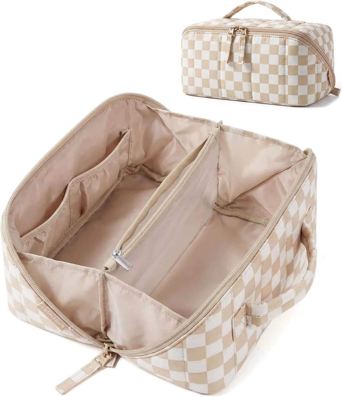 BAGSMART Puffy Travel Makeup Bag Toiletry Bag for Women, Checkred Khaki