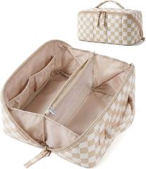 BAGSMART Puffy Travel Makeup Bag Toiletry Bag for Women, Checkred Khaki