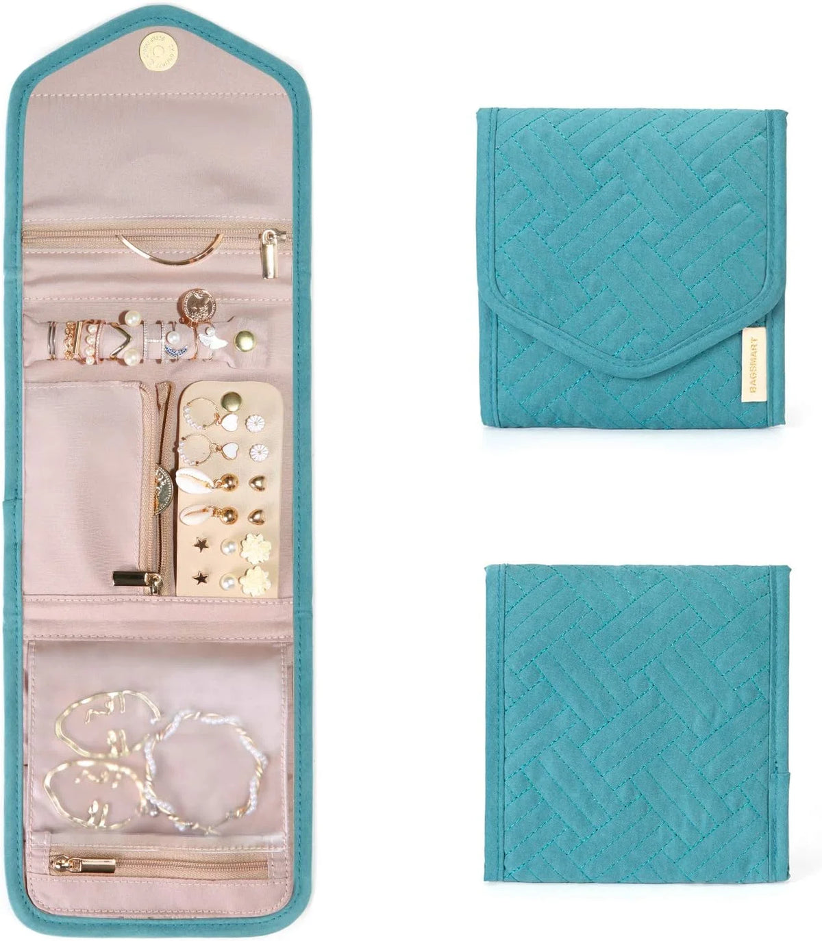 BAGSMART Travel Jewelry Organizer Case Foldable Jewelry Roll,Mini,Teal