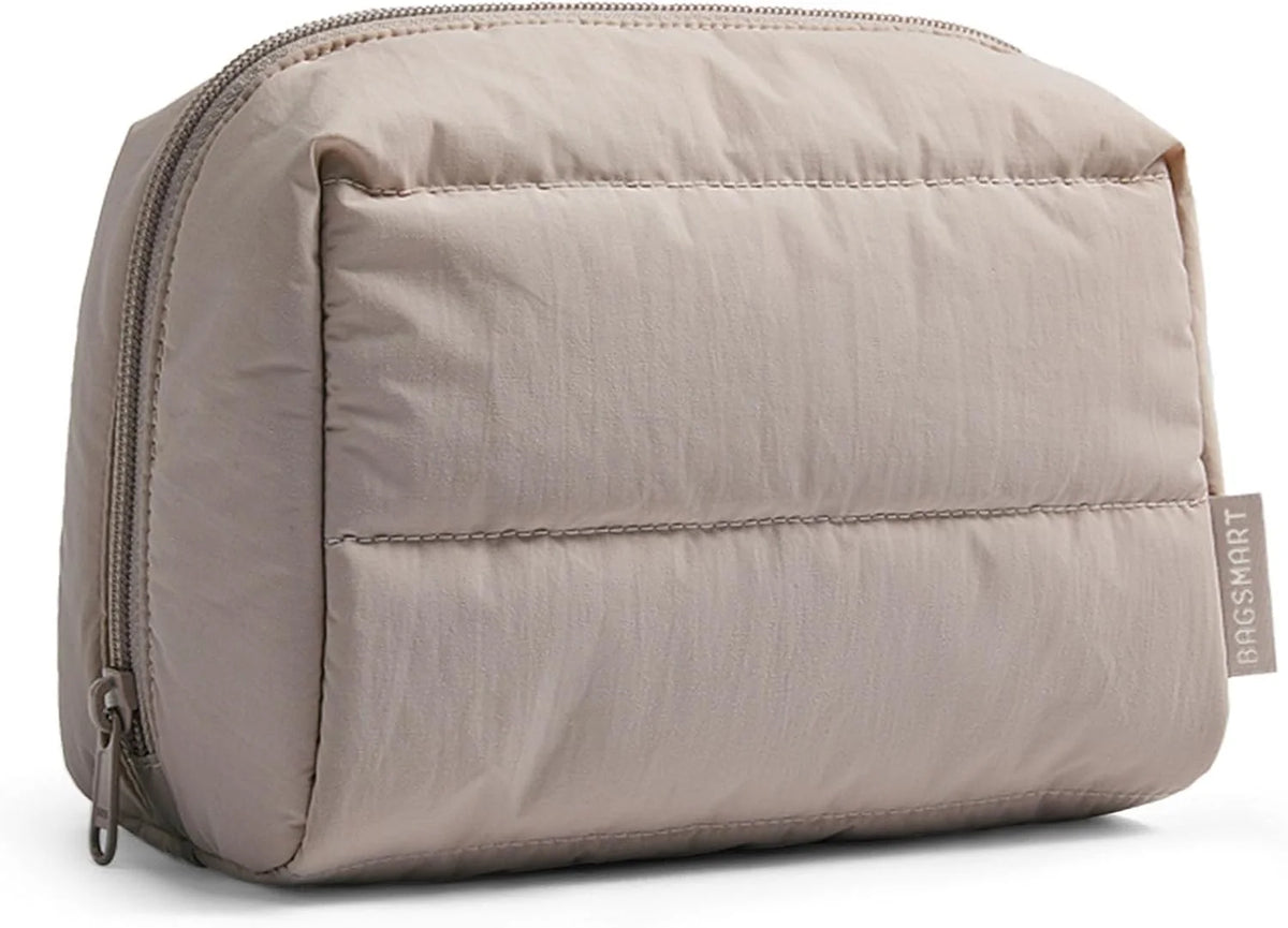 BAGSMART Small Makeup Bag, Puffy Wide-open Zipper Cosmetic Pouch, Camel
