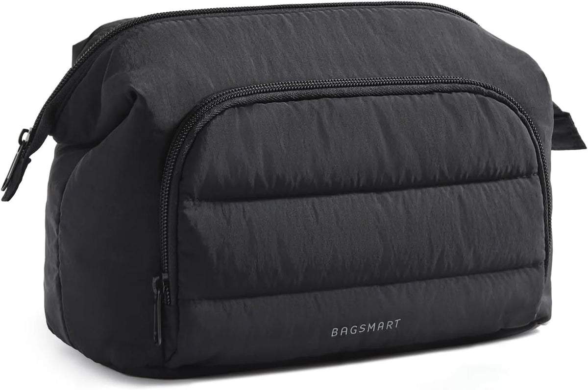 BAGSMART Travel Makeup Bag, Cosmetic Bag Small Make Up Organizer Case,Wide-open Pouch for Women Purse for Toiletries Accessories Brushes,Large Beige