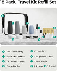 BAGSMART 18 Pack TSA Approved Travel Bottles for Toiletries, Leak Proof Silicone Travel Size Containers Bottles for Shampoo, Grey