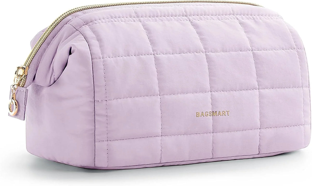 BAGSMART Makeup Bag Travel Toiletry Bag, Puffy Padded Make Up Bags for Women Makeup Organizer Case, Wide-open Pouch Purse Travel Essentials Toiletries Accessories Brushes, Lavender Purple