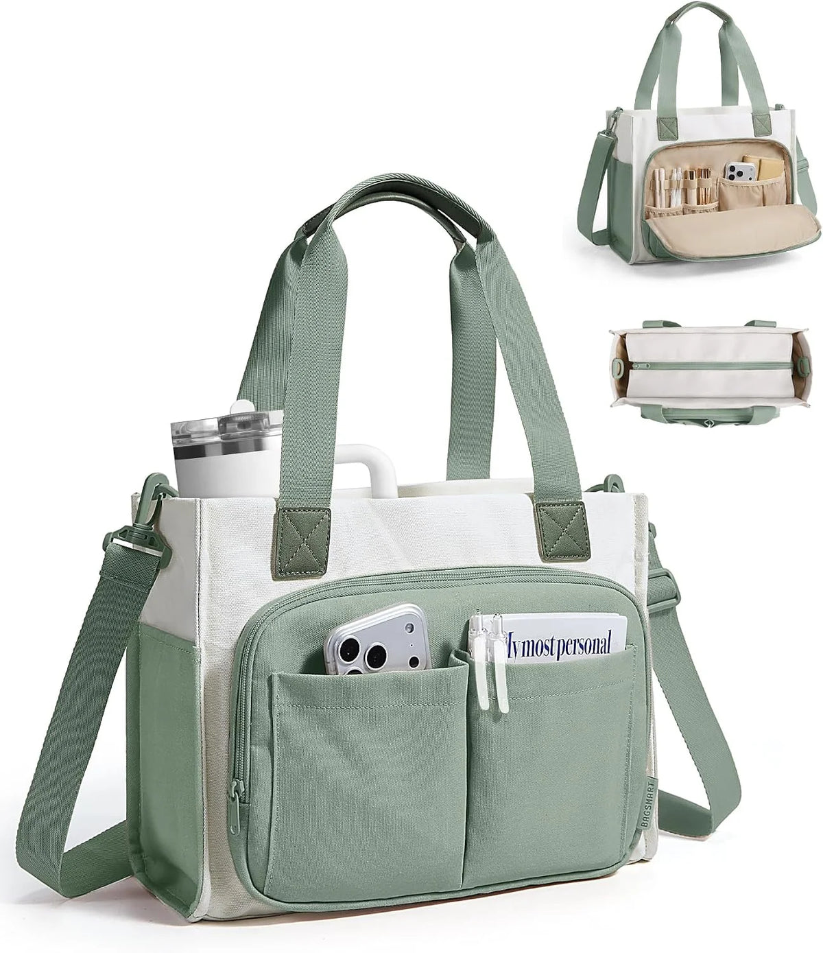 BAGSMART Canvas Tote Bag for Women, Small Work Tote Bag with Zipper
